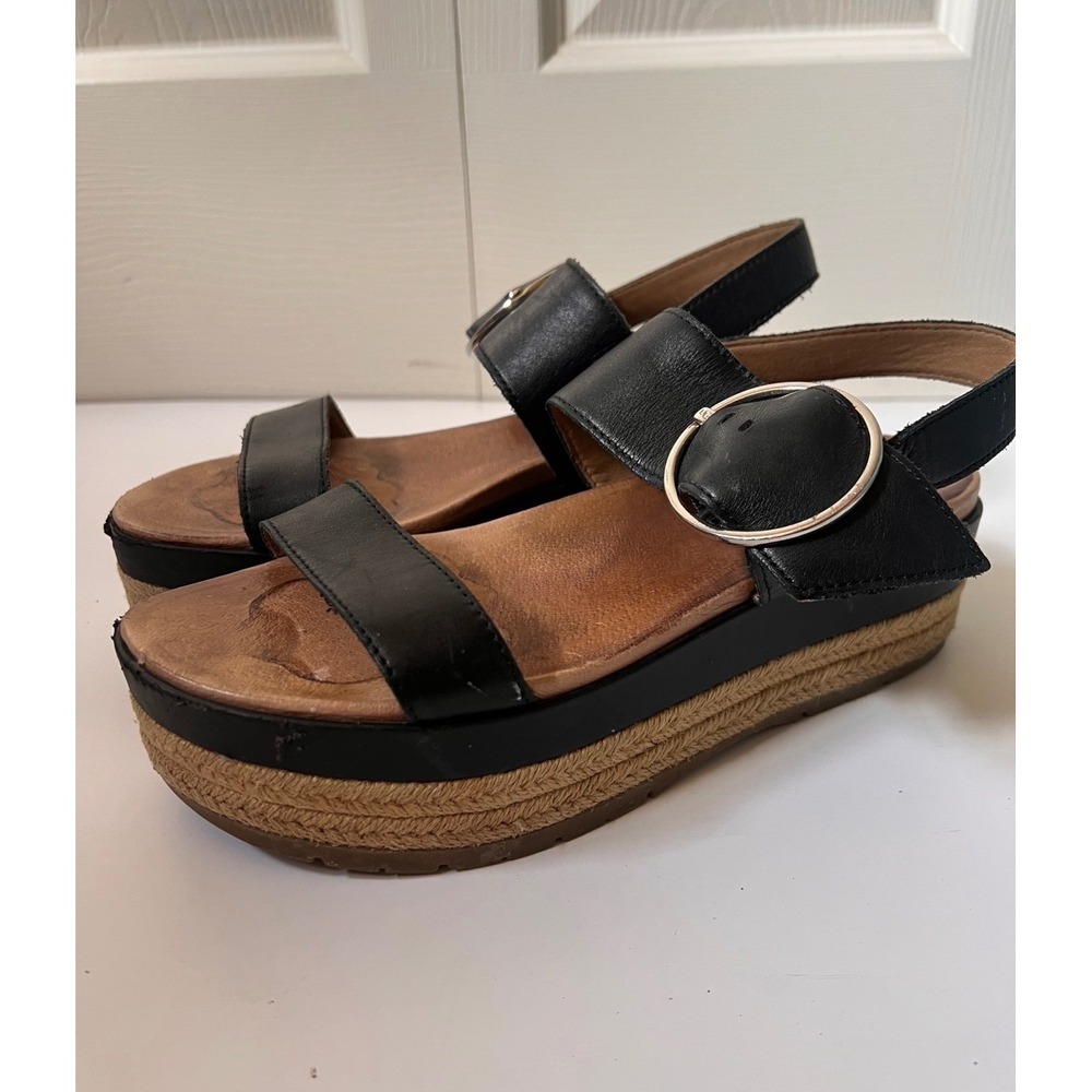 UGG Black Leather Platform Sandals Espadrille Buckle 1119745 Womens 8.5